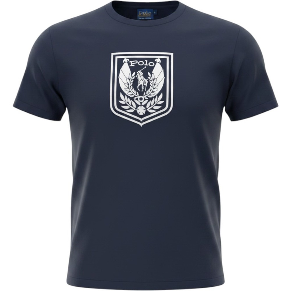Vintage Polo Ralph Lauren Navy Blue Crest Graphic T-Shirt Made‎ in USA OSFA